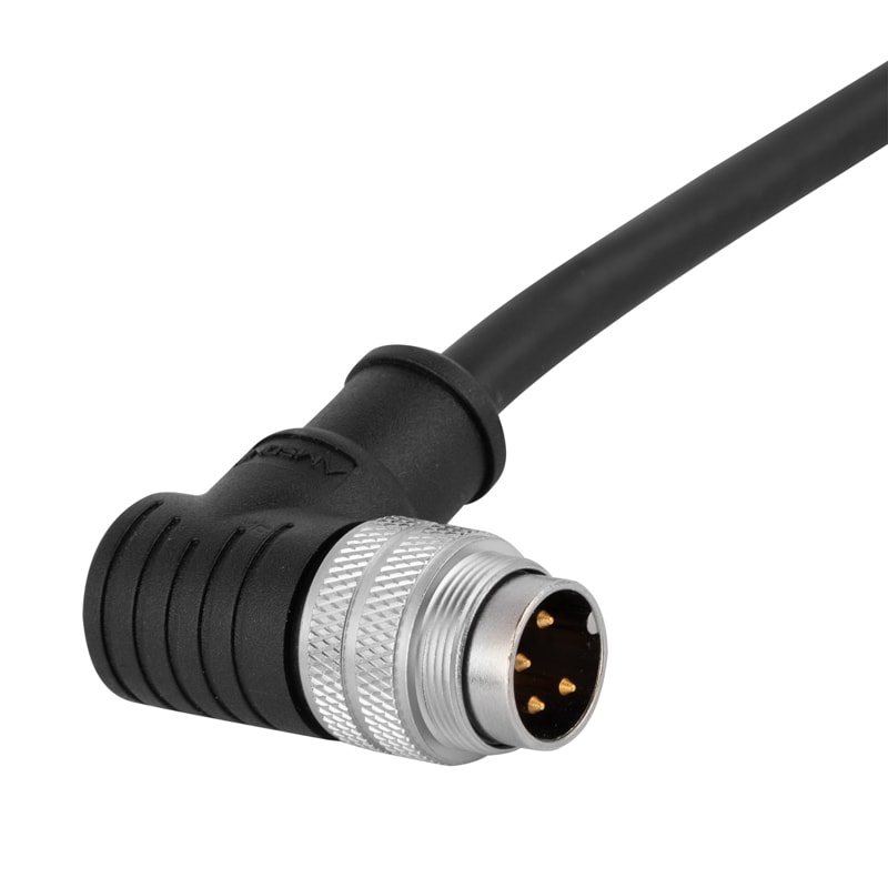 M16 pre-molded cable connector, male, contacts:3, solder connection, right angled, IP67, shieldable, UL certified