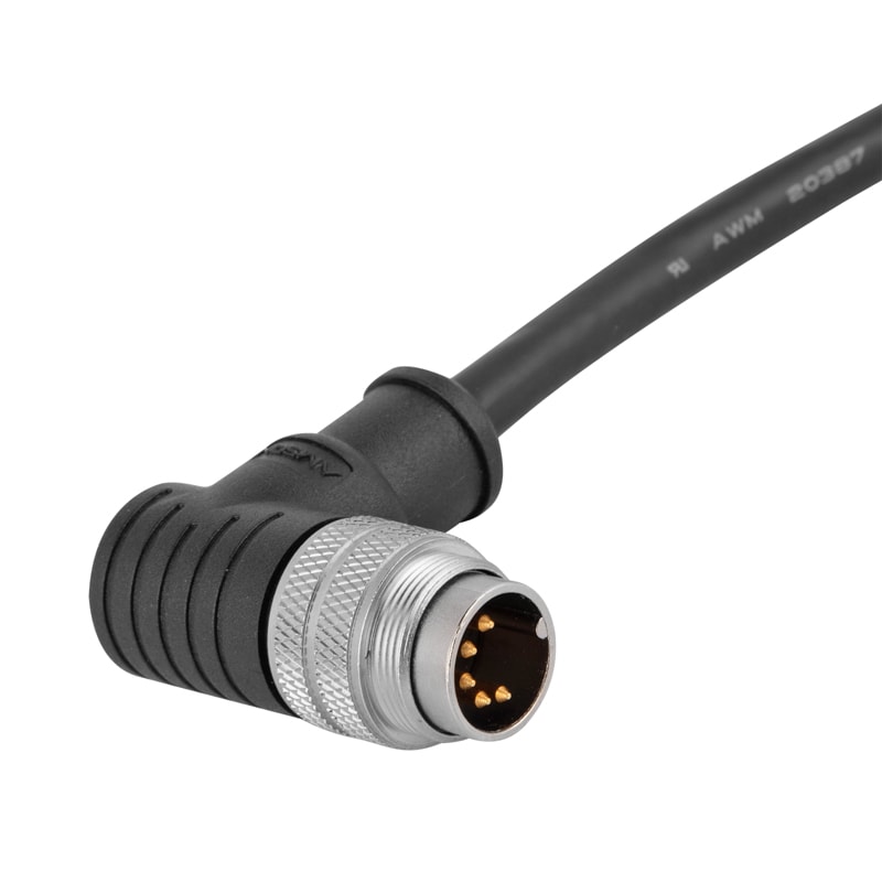 M16 pre-molded cable connector, male, contacts:5, solder connection, right angled, IP67, shieldable, UL certified