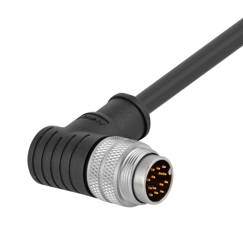 M16 pre-molded cable connector, male, contacts:24, solder connection, right angled, IP67, shieldable, UL certified