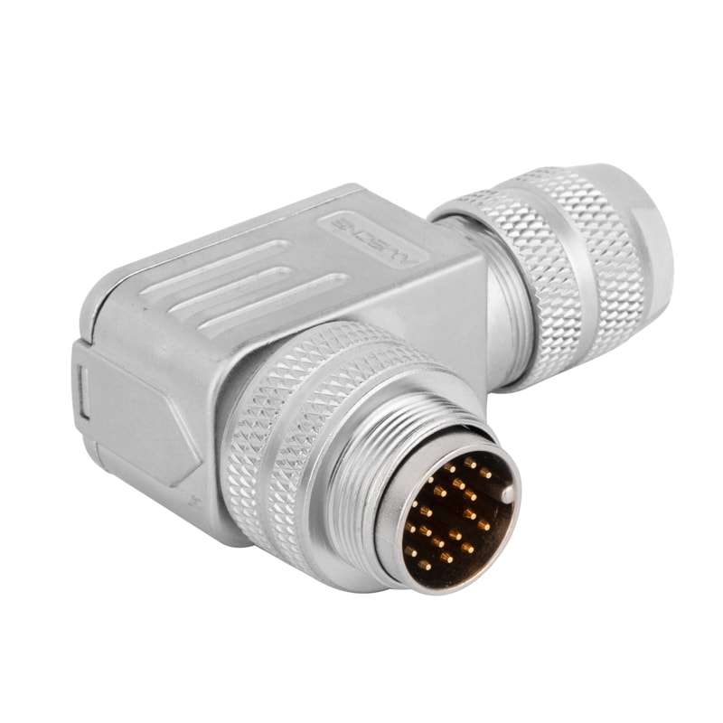 M16 cable connector, male, contacts:12, field assembly type, solder connection, right angled, IP67, UL certified