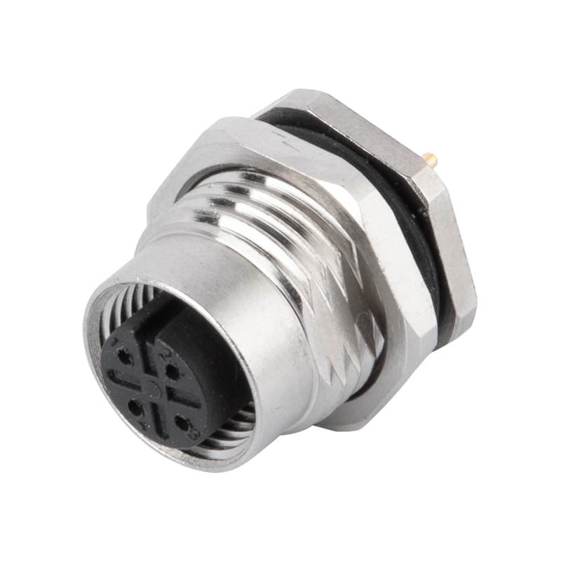 M12 panel receptacle, rear mount, female, contacts: 4, PCB dip-solder connection, A code, straight, IP67