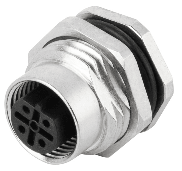M12 panel receptacle, rear mount, female, contacts:5, solder connection, B code, straight, IP67