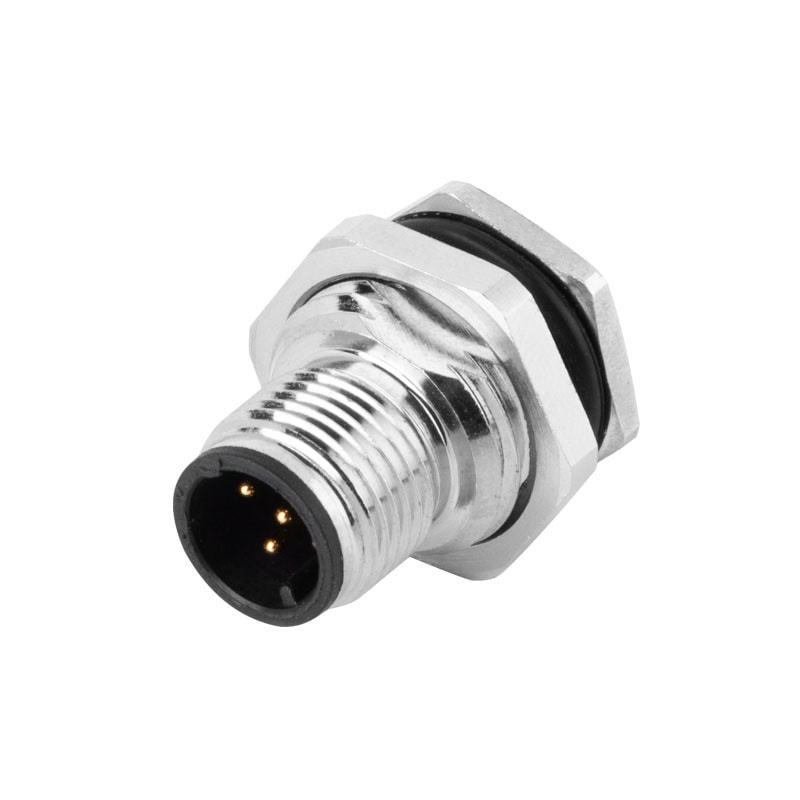 M12 panel receptacle, rear mount, male, contacts: 4, PCB dip-solder connection, A code, straight, IP67