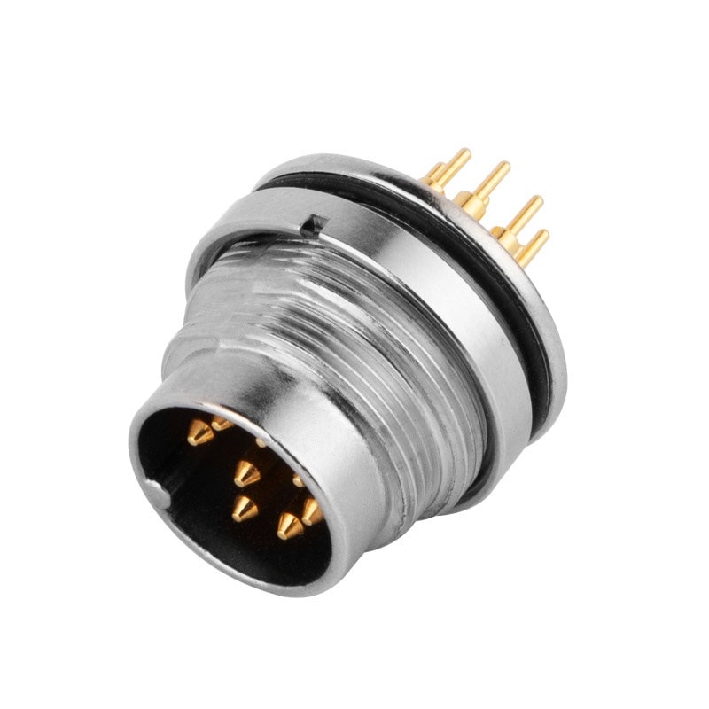 M16 panel receptacle, rear mount, male, contacts:7, PCB dip-solderconnection, straight, IP67, UL certified