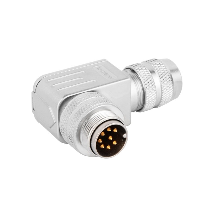 M16 cable connector, male, contacts:8,field assembly type, solder connection, right angled, IP67, UL certified