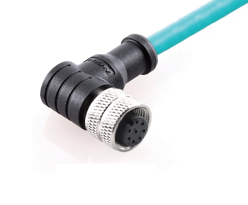 M12 pre-molded cable connector, female, contacts: 8, solder connection, A code, right angled, IP67