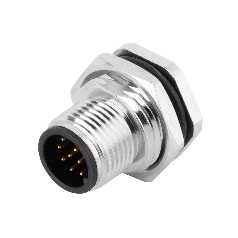 M12 panel receptacle, rear mount, male, contacts: 8, PCB dip-solder connection, A code, straight, IP67