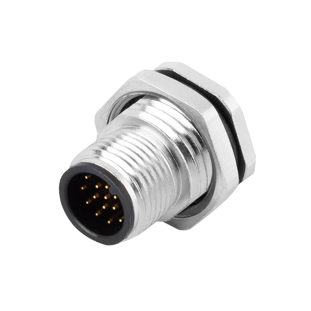 M12 panel receptacle, rear mount, male, contacts:12, pcb dip-solder connection for wires, A code, straight, IP67