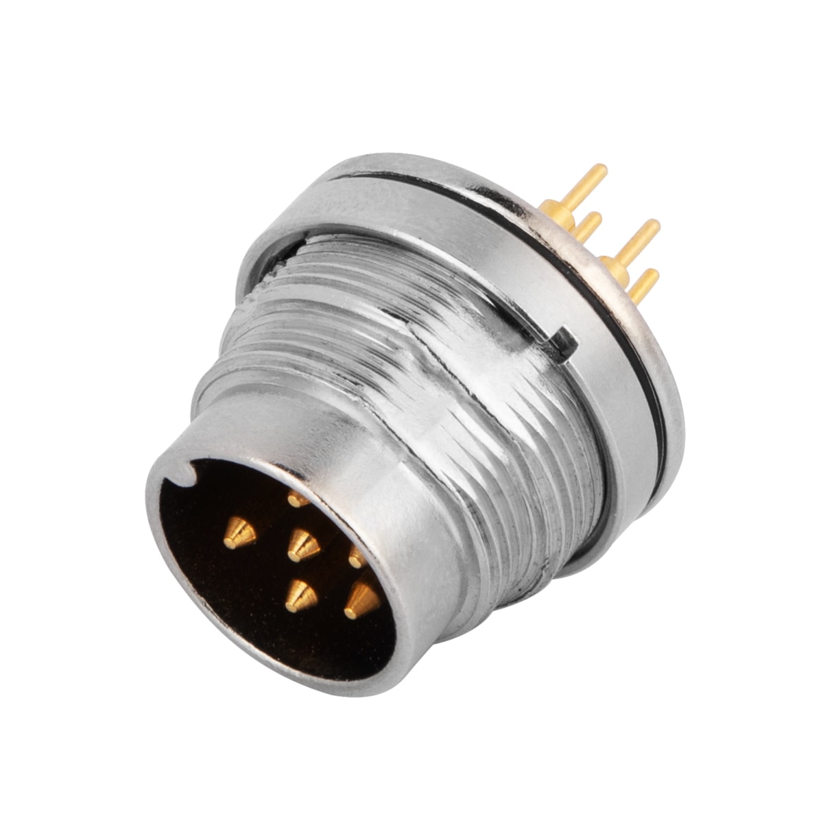 M16 panel receptacle, rear mount, male, contacts:6, PCB dip-solder connection, straight, IP67, UL certified