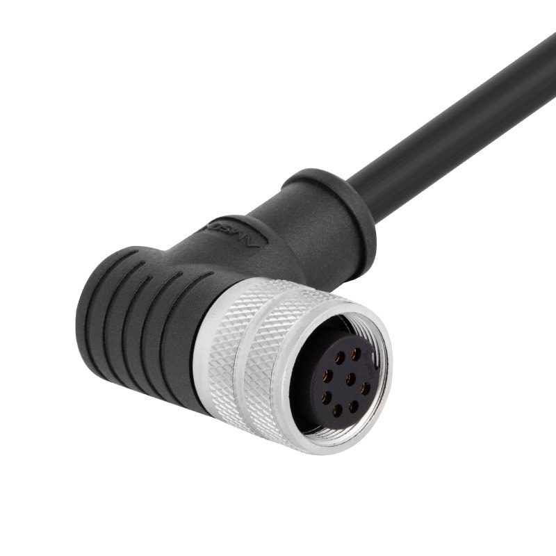 M16 pre-molded cable connector, female, contacts:8, solder connection, right angled, IP67, shieldable, UL certified