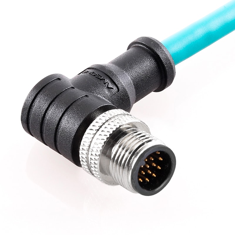 M12 pre-molded cable connector, male, contacts:17, solder connection, A code, right angled, IP67