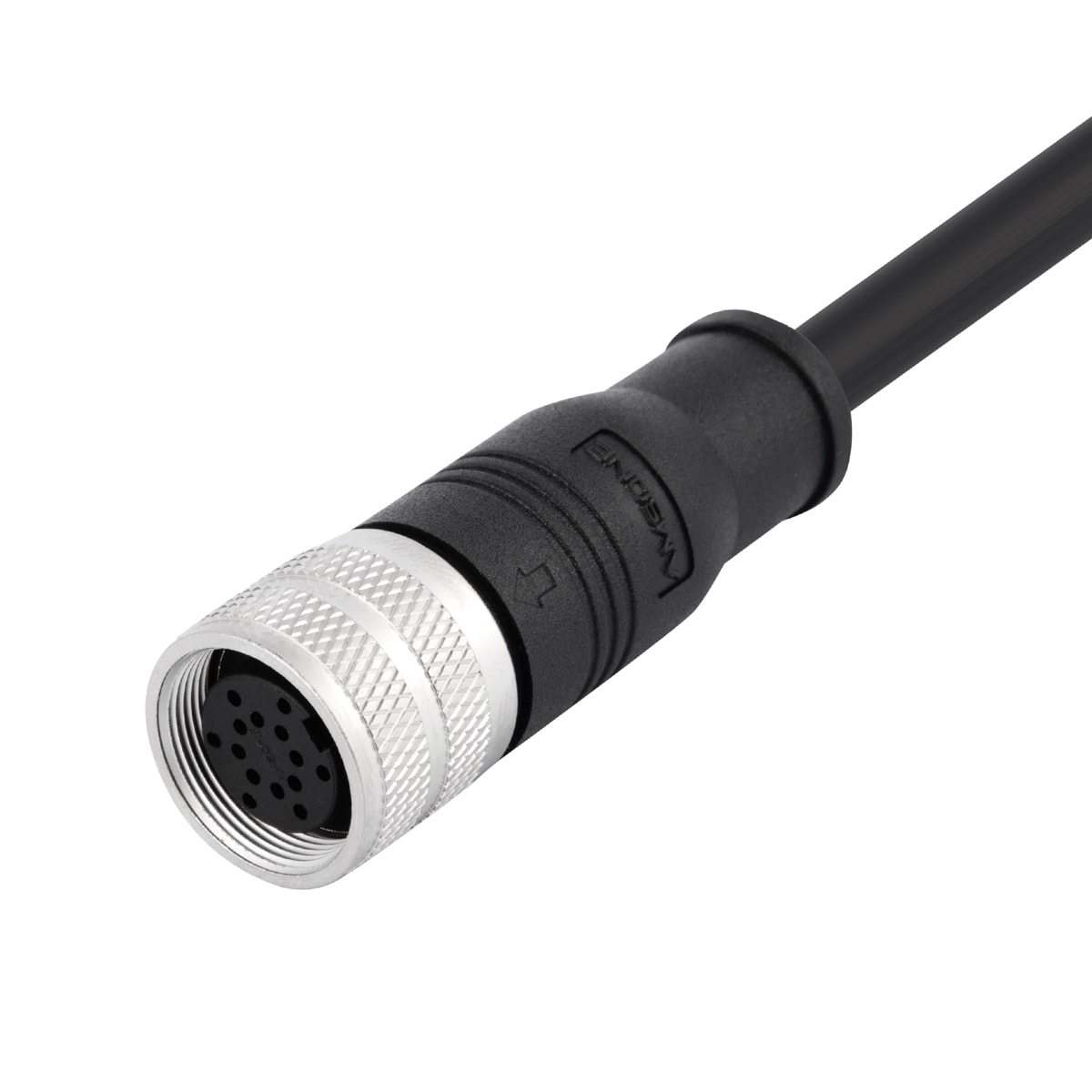 M16 pre-molded cable connector, female, contacts:12, solder connection, straight, IP67, shieldable, UL certified