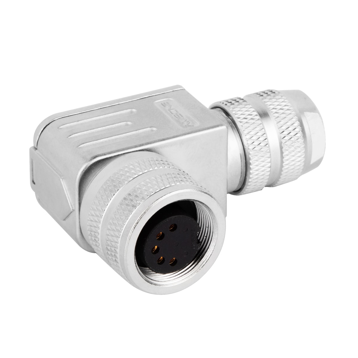 M16 cable connector, female, contacts: 5, fiel dassembly  type, solder connection, right angled, IP67, UL certified