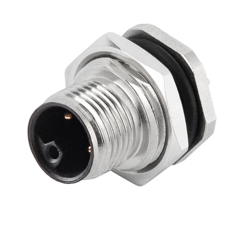 M12 panel receptacle, rear mount, male, contacts:4,PCB dip-solder connection, L code, straight, IP67