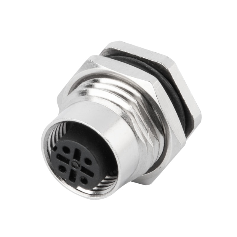 M12 panel receptacle, rear mount, female, contacts:4, PCB dip-solder connection, D code, straight, IP67