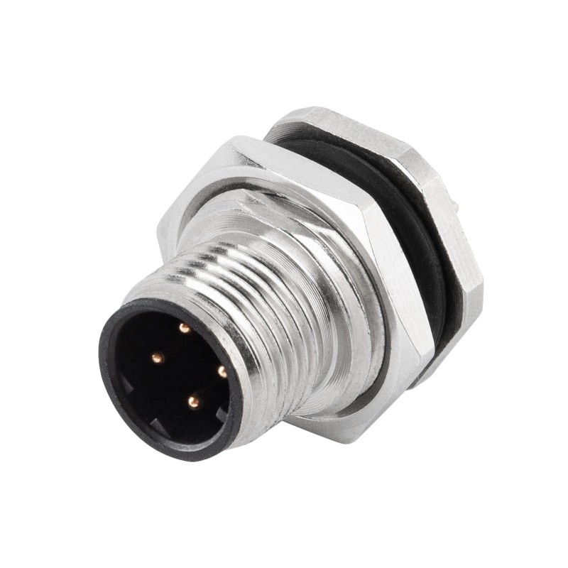 M12 panel receptacle, rear mount, male, contacts:4, PCB dip-solder connection, D code, straight, IP67