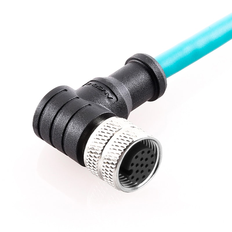M12 pre-molded cable connector, female, contacts:17, solder connection, A code, right angled, IP67