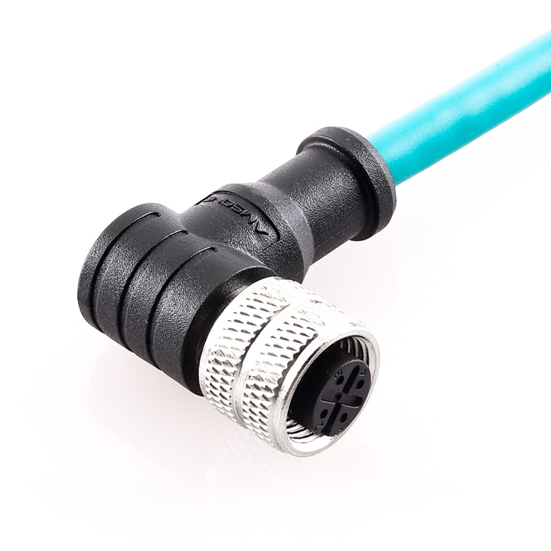 M12 pre-molded cable connector, female, contacts:4, solder connection, A code, right angled, IP67