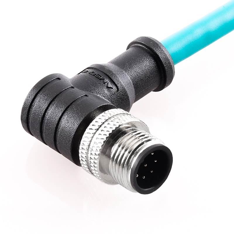 M12 pre-molded cable connector, male, contacts: 8,  solder connection, A code, right angled, IP67