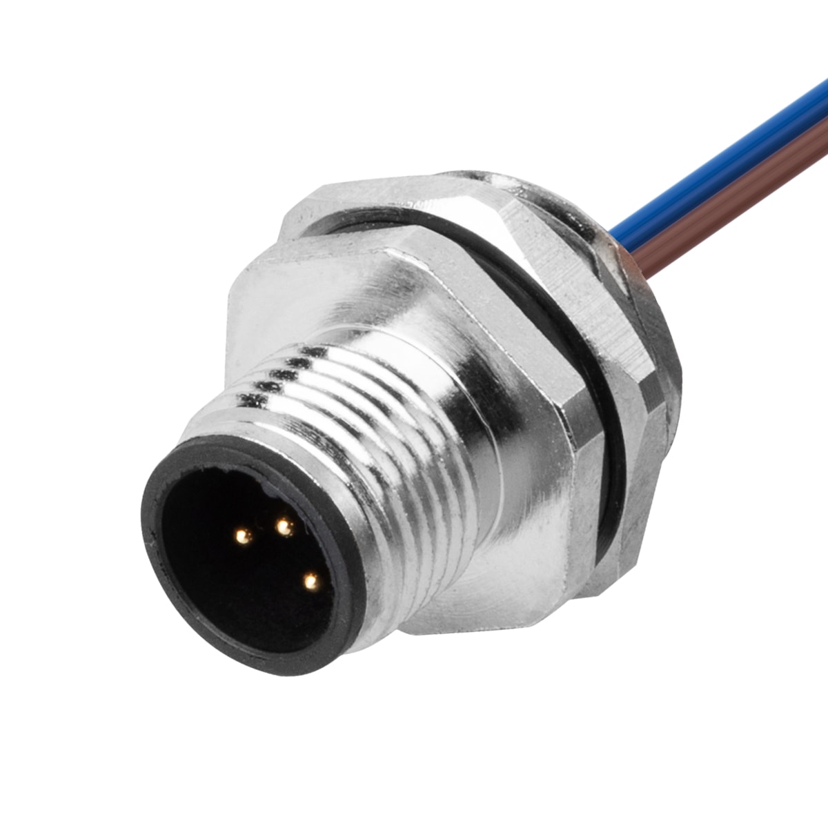 M12 panel receptacle, front mount, male, contacts:5, solder connection for wires, A code, straight, IP67
