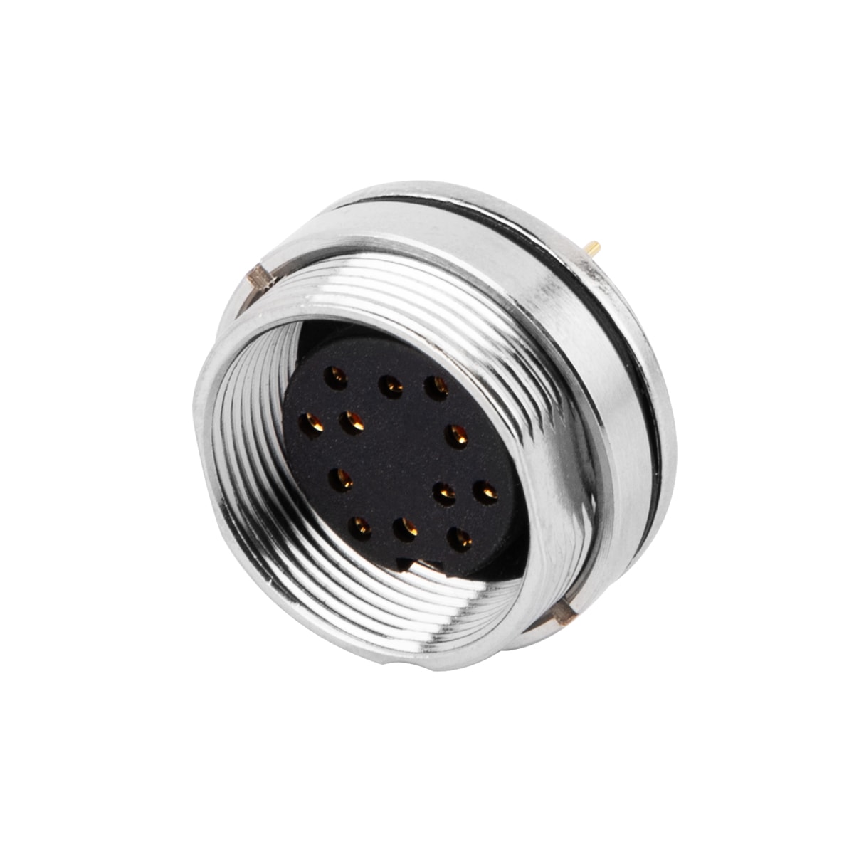 M16 panel receptacle, rear mount, female, contacts:12,PCB connection, straight, IP67, UL certified