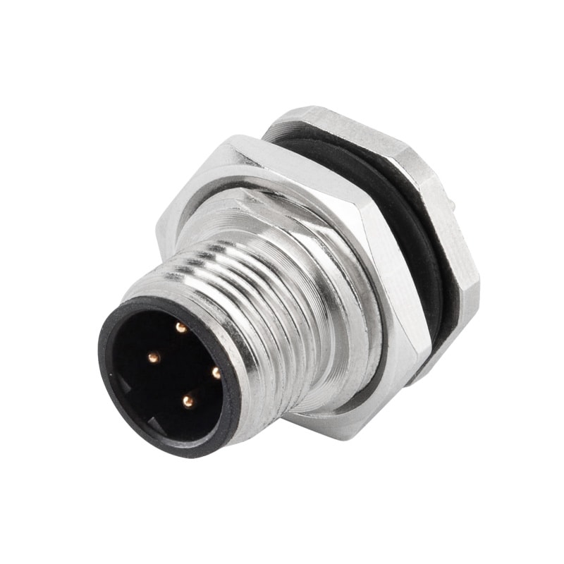 M12 panel receptacle, rear mount, male, contacts:4, PCB dip-solder connection, B code, straight, IP67