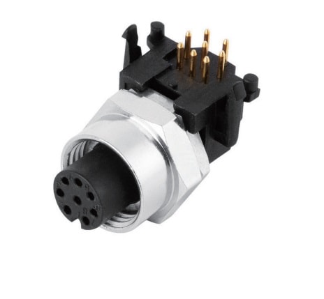 M12 panel receptacle, rear mount, female, contacts: 8, PCB dip-solder connection, A code, right angled, IP67