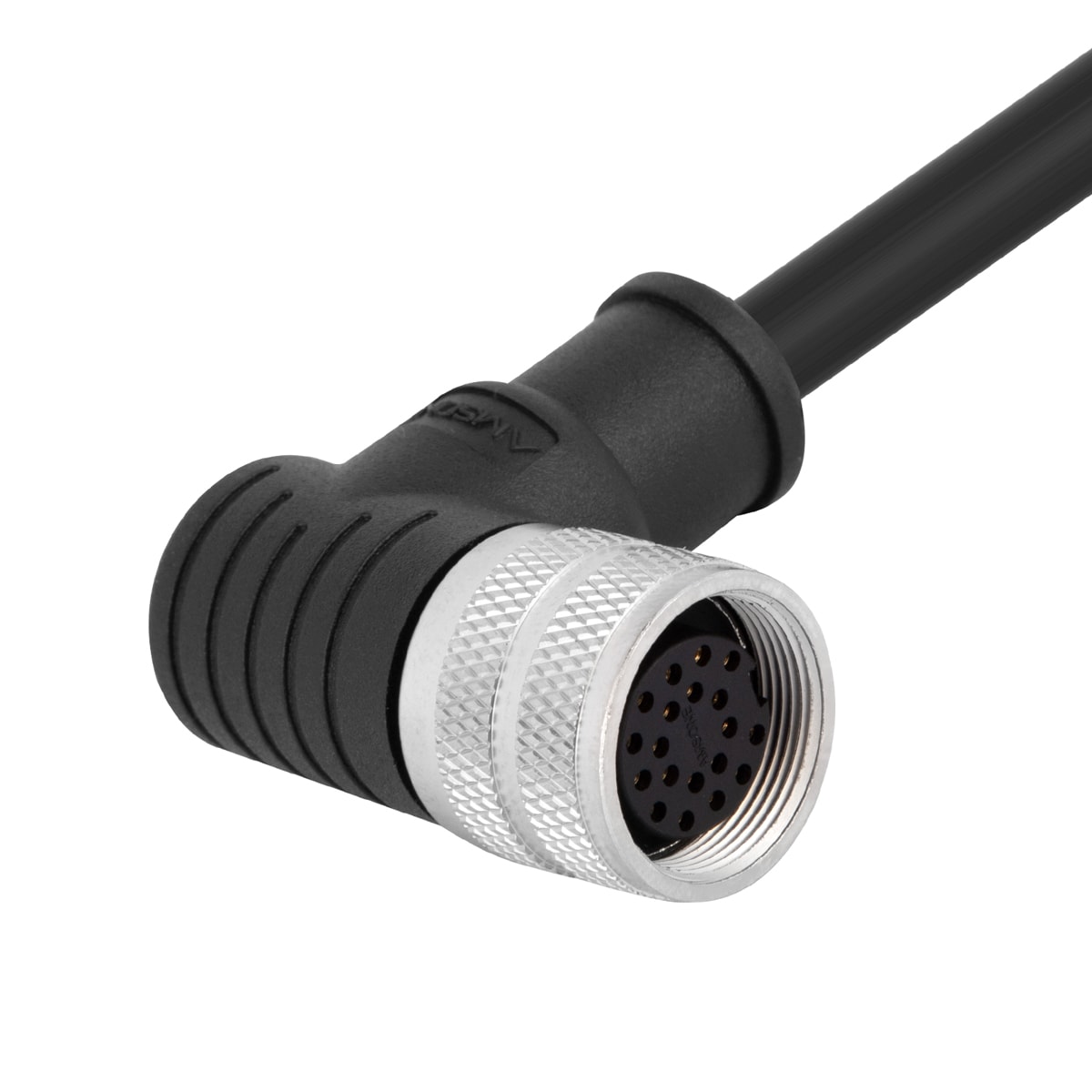 M16 pre-molded cable connector, female, contacts:24, solder connection, right angled, IP67, shieldable, UL certified